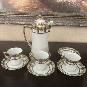 Elegant Gold and White Pansies Chocolate  Pot Set 3 Cups 4 Saucers